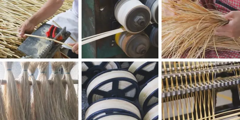 Step-by-step process photos of cane webbing production